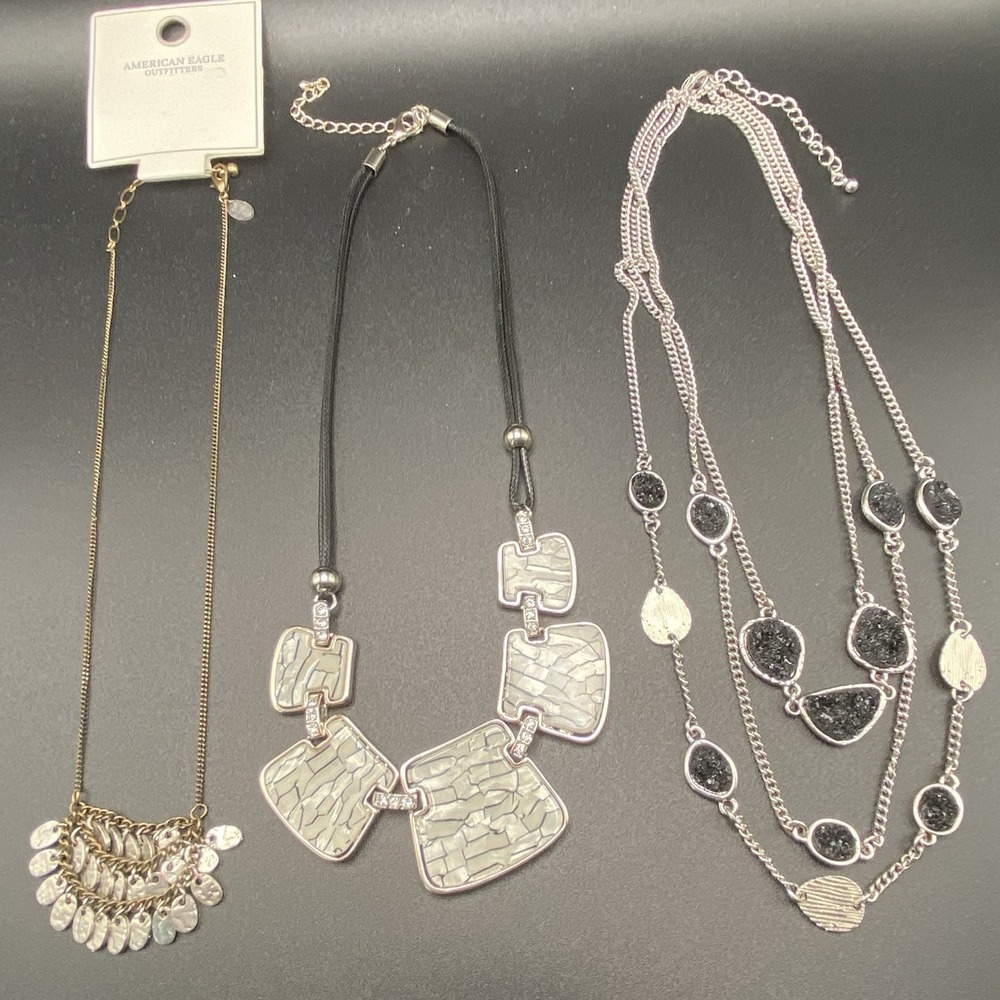 Unsigned Rhinestone Necklace Lot Vintage Style Silver Tone 3pc
